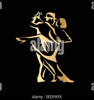Stylized tango dancing couple in elegant gold gradient isolated on black background. Graceful silhouette with expressive pose and dramatic movement. L Stock Vector