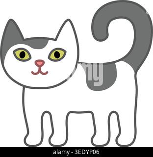 Cute white and gray cat illustration in simple cartoon style with clean lines and minimal design. Friendly pet character with gray patches, soft shape Stock Vector