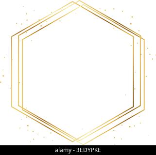 Elegant gold polygon hexagon frame with thin metallic lines and subtle glitter particles. Minimal luxury border design with clean geometric shape and Stock Vector