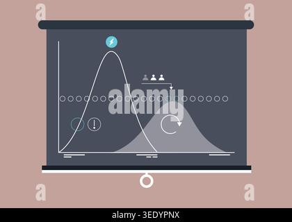 Modern flat vector illustration of a data analytics presentation screen featuring charts, statistics, trends, and business intelligence concepts. Stock Vector