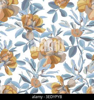 Vector floral seamless pattern with beige flowers and blue leaves Stock Vector