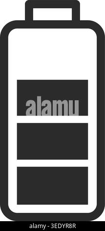 Minimal black and white battery icon with high charge level indicated by three bars. Clean simple design with clear shape and balanced proportions. Is Stock Vector
