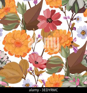 Vector floral seamless pattern. Red, orange flowers on a white Stock Vector