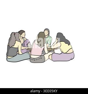 five women sitting together illustration vector isolated on white background Stock Vector