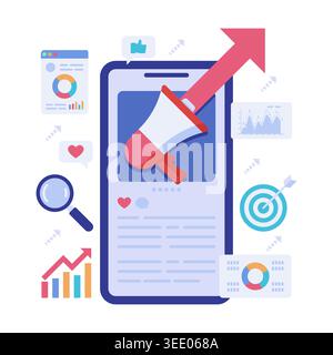 Social Media Marketing Strategy on Smartphone with Megaphone and Growth Analytics Stock Vector