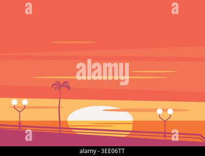 Modern flat vector illustration of a tropical sunset landscape featuring palm trees, warm orange skies, and peaceful minimalist scenery. Stock Vector