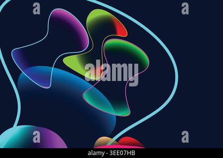 Abstract background with glowing fluid shapes and vibrant neon colors on dark blue backdrop Stock Vector
