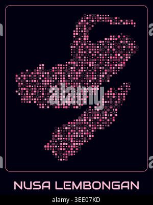 Nusa Lembongan digital style map. Small rounded square dots on dark background. Dotted shape of the island. Nusa Lembongan map and title. Stock Vector