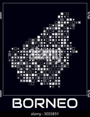 Borneo digital style map. Large square dots on dark background. Dotted shape of the island. Borneo map and title. Awesome vector illustration. Stock Vector