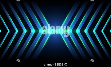 Futuristic neon background with glowing blue and green geometric chevrons pointing to a central light for high tech digital projects and gaming aesthe Stock Vector