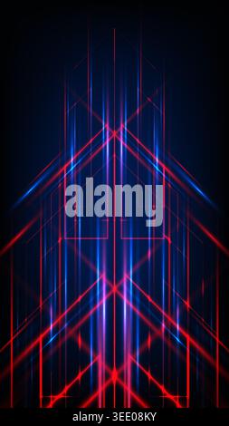 futuristic neon background with red and blue geometric lines forming a high tech abstract structure for digital technology and cyber space concepts Stock Vector