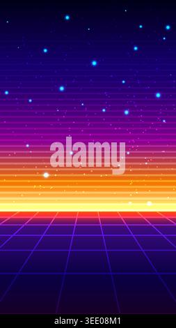 Synthwave background with neon retro grid and glowing sunset in 80s aesthetic style for digital landscape and music cover design Stock Vector