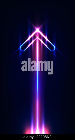 Neon arrow pointing upward with glowing pink and blue light streaks on dark background for business growth and technology success concept Stock Vector