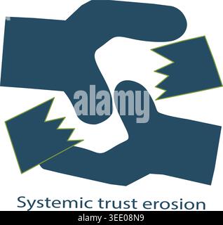 Hands breaking contract as symbol of loss of trust, institutional breakdown and erosion of public confidence, conceptual editorial icon. Stock Vector