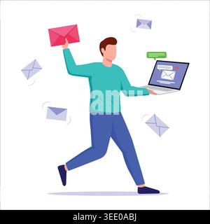 Fast Running Courier Man Delivering Urgent Email Messages with Laptop and Flying Envelopes Flat Vector Illustration Stock Vector