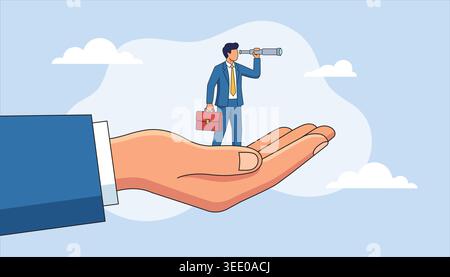 Giant hand holding small businessman with briefcase looking through telescope for future career vision concept flat vector illustration Stock Vector