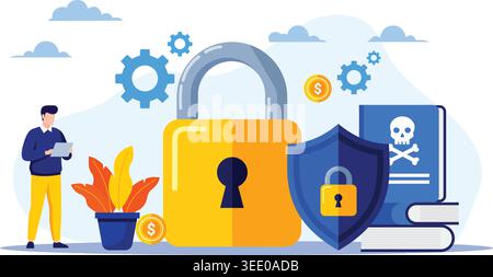 Modern aesthetic flat illustration depicting digital cyber security data protection privacy network firewall and safe computing Stock Vector