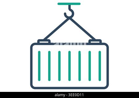 Container icon. Logistic icon of a large intermodal shipping container being lifted by a crane hook, representing heavy freight, maritime transport, a Stock Vector