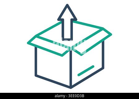 Unboxing icon. Illustration of an open cardboard box with an upward arrow coming out, symbolizing product unboxing, order fulfillment, and package ext Stock Vector