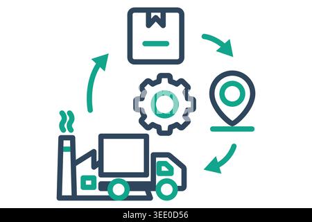 Supply chain icon. Complex icon showing a factory, truck, parcel, and location pin linked by circular arrows, representing the end-to-end supply chain Stock Vector