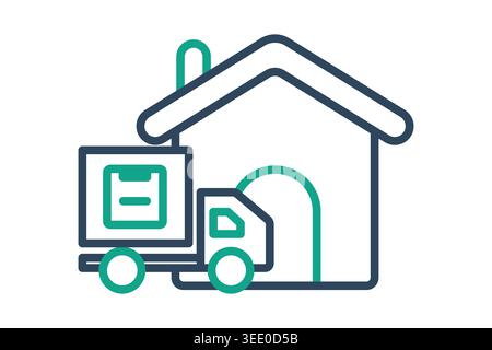 Home delivery icon, Logistics icon showing a delivery truck parked in front of a residential house, representing last-mile delivery, courier services, Stock Vector