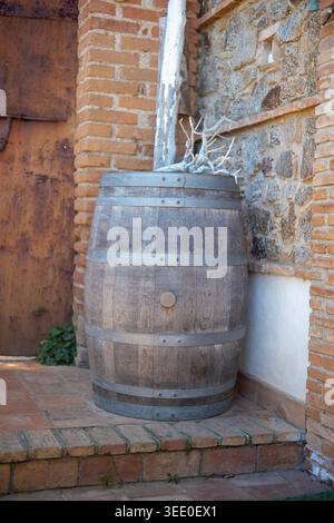 Wooden wine barrel leaning against a brick wall on a farm porch. The photo was taken near the seaside village of Rodia, Sicily, in Southern Italy Stock Photo