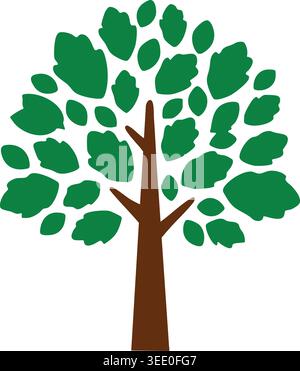 Simple illustration of a dense deciduous tree with a brown trunk and many dark green clustered leaves. Stock Vector