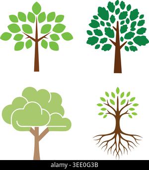 A flat illustration set featuring four stylized tree designs in different shapes and foliage styles Stock Vector