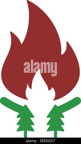 Simple illustration of a campfire flame rising behind two small green pine trees in an outdoor setting. Stock Vector