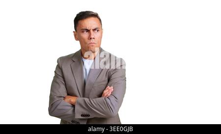 Man feeling skeptical and mistrusting with crossed arms Stock Photo