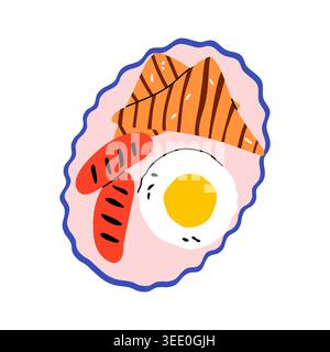 Plate with grilled toast sunny side up fried egg and two grilled sausages doodle style vector Stock Vector