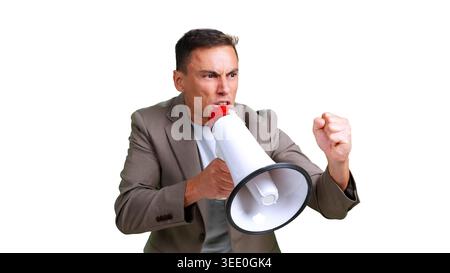 Man shouting into megaphone protesting and raising fist Stock Photo
