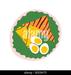 Plate with grilled toast cheese slices and hard boiled egg halves on lettuce doodle style vector Stock Vector