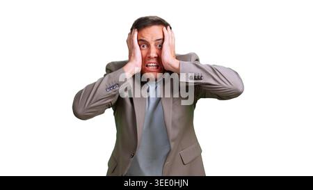 Stressed man panicking with hands on head Stock Photo