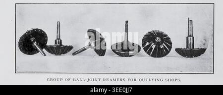 Group of vintage ball joint reamers displayed in a black and white industrial illustration, representing specialized tools for mechanical work and precision engineering. from the Article ORGANIZATION AND ECONOMY IN THE RAILWAY MACHINE SHOP. By H. W. Jacobs. Part II. THE GENERAL ASPECTS OF STANDARDIZATION. From The Engineering Magazine Devoted to Industrial Progress Volume XXXII October 1906 - March 1907 The Engineering Magazine Co Stock Photo