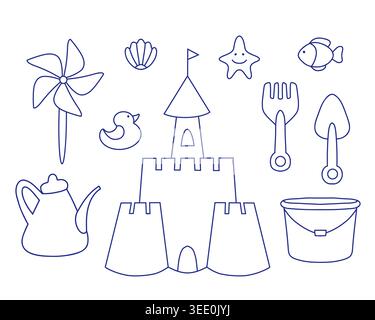 Sand castle and beach toys outline vector set. Stock Vector
