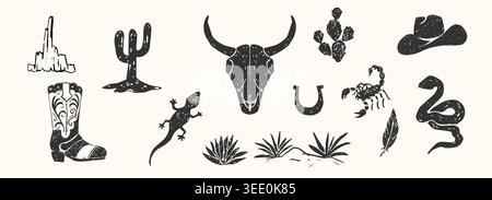 Desert icons vintage woodcut or linocut, grunge texture snake, skull silhouette, wild West. Boho engraving print set, canyon wildlife. Horseshoe, cactus, desert plants and animals. Vector illustration Stock Vector