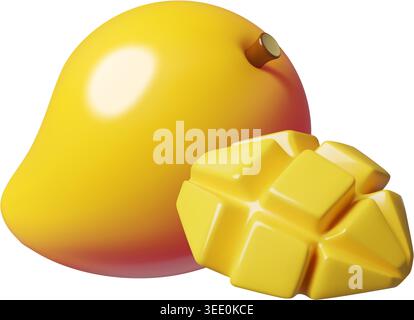Mango 3d icon of whole the fruit and slice in a cute minimal plastic style isolated on white Stock Vector