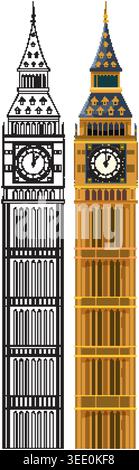 Detailed vector illustration of a famous London clock tower in colored and outline versions Stock Vector