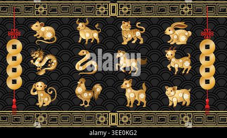 Twelve golden Chinese zodiac animals arranged on a black wave pattern with traditional borders Stock Vector