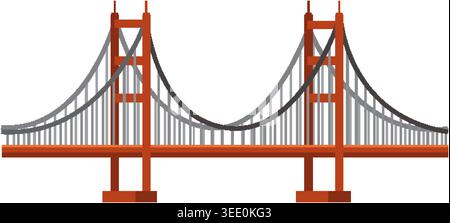 Side view of a red suspension bridge illustration with grey cables and geometric details Stock Vector