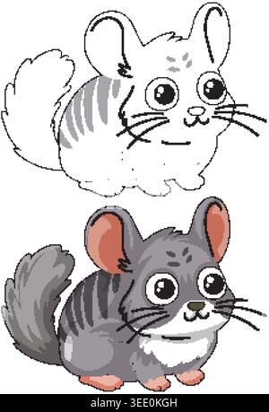 Two adorable chinchilla characters presented in colored and black and white line art styles Stock Vector