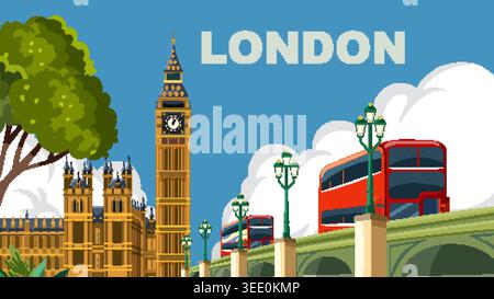 Stylized vector graphic of Westminster Palace and red buses under a bright blue sky Stock Vector