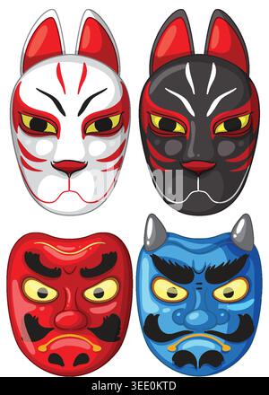 Colorful vector illustration of kitsune and oni masks, bold outlines, vibrant colors, flat style Stock Vector