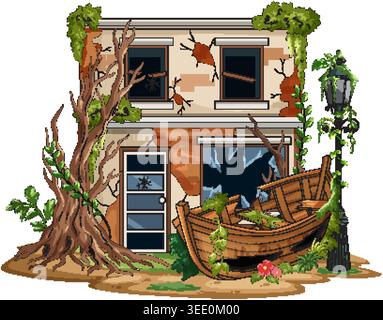 Crumbling brick building, shattered windows, overgrown plants, and broken boat in detailed vector style Stock Vector