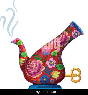 Whimsical folk art vector illustration of a floral teapot with a wind-up key and steam. Stock Vector
