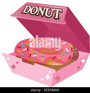 A pink glazed donut with multi-colored sprinkles sits inside an open pink cardboard box Stock Vector