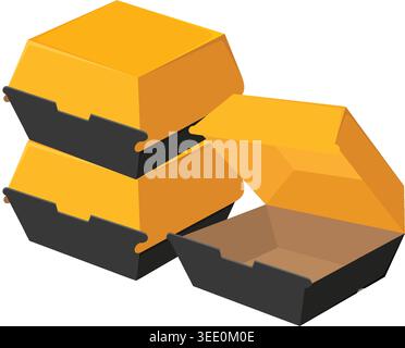 Flat isometric vector illustration of yellow and black cardboard burger containers on white background Stock Vector