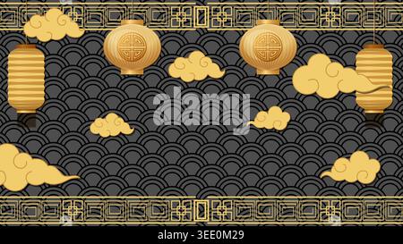 Elegant vector illustration with golden lanterns and clouds over a dark wave pattern background Stock Vector