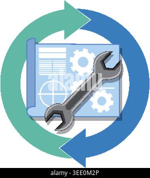 Flat vector illustration of a technical blueprint, metal wrench, and circular arrows representing mechanical maintenance Stock Vector